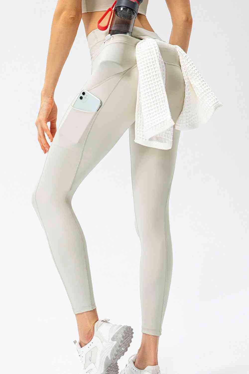 Beige Full Size Slim Fit High Waist Long Sports Pants with Pockets activewear