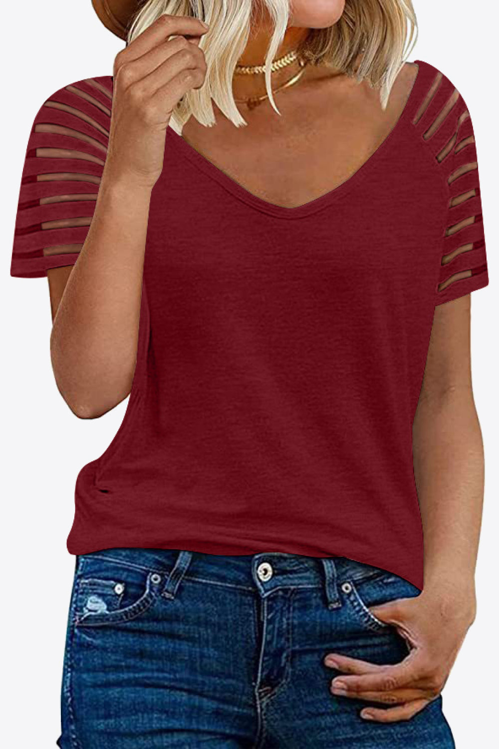 Saddle Brown V-Neck Raglan Sleeve Tee Tops