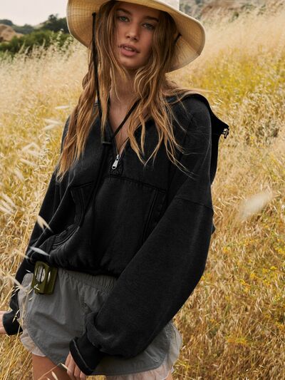 Black Half Zip Pocketed Dropped Shoulder Hoodie activewear