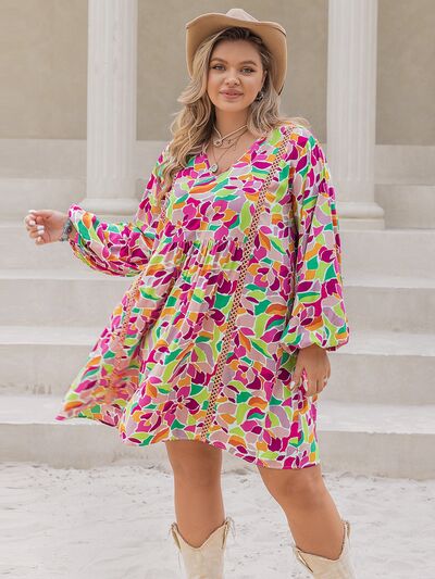 Gray Plus Size Printed V-Neck Balloon Sleeve Mini Dress Plus Size Clothing
