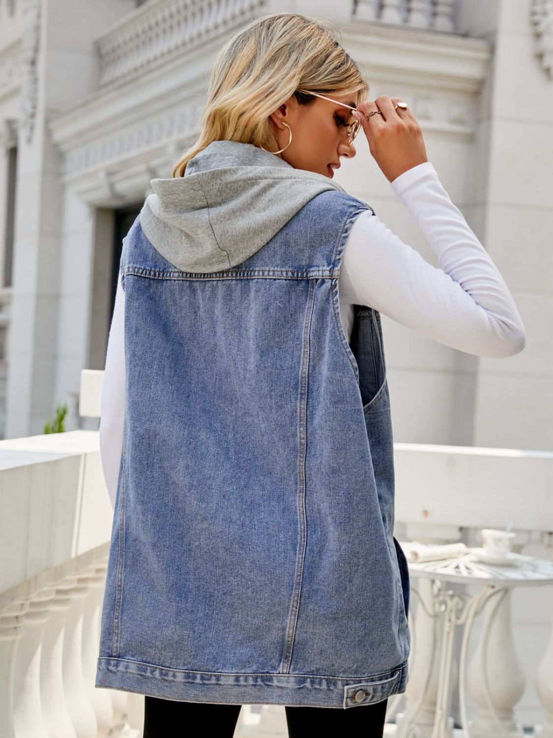 Gray Drawstring Hooded Sleeveless Denim Top with Pockets Denim