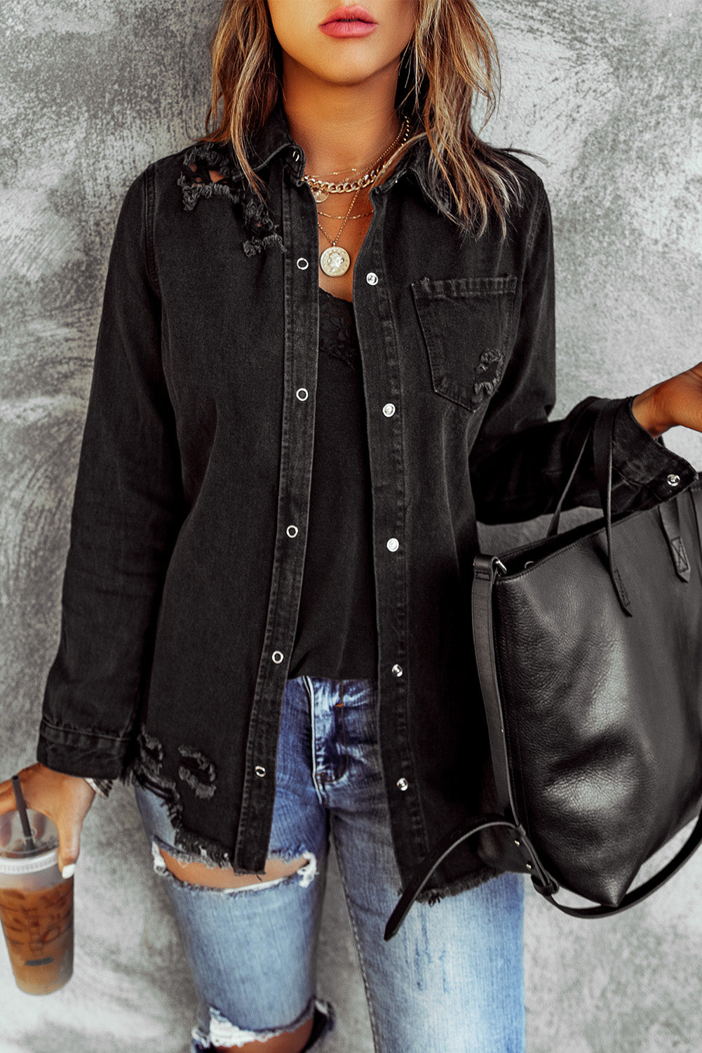 Dark Slate Gray Nothing Is Better Distressed Snap Down Denim Jacket Coats & Jackets