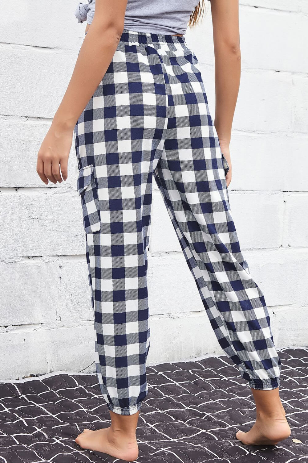 Dark Slate Gray Plaid Elastic High Waist Cargo Pants Bottoms