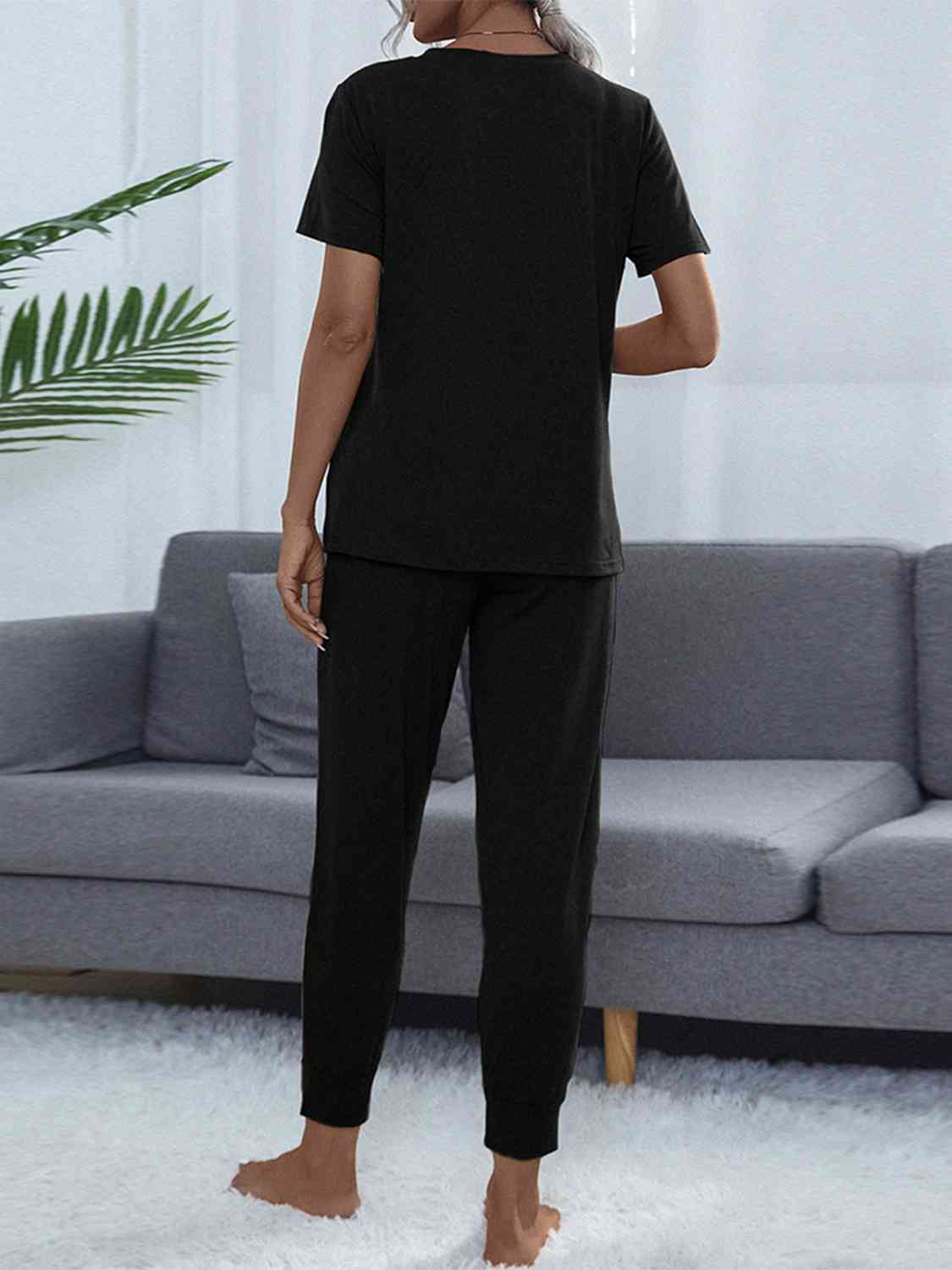 Dark Slate Gray Round Neck Short Sleeve Top and Pants Set Loungewear