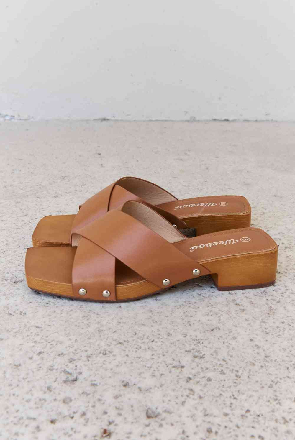 Light Gray Weeboo Step Into Summer Criss Cross Wooden Clog Mule in Brown Shoes
