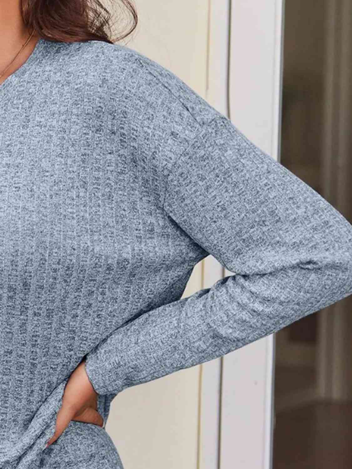 Dark Gray Ribbed Long Sleeve Top and Shorts Set Holiday