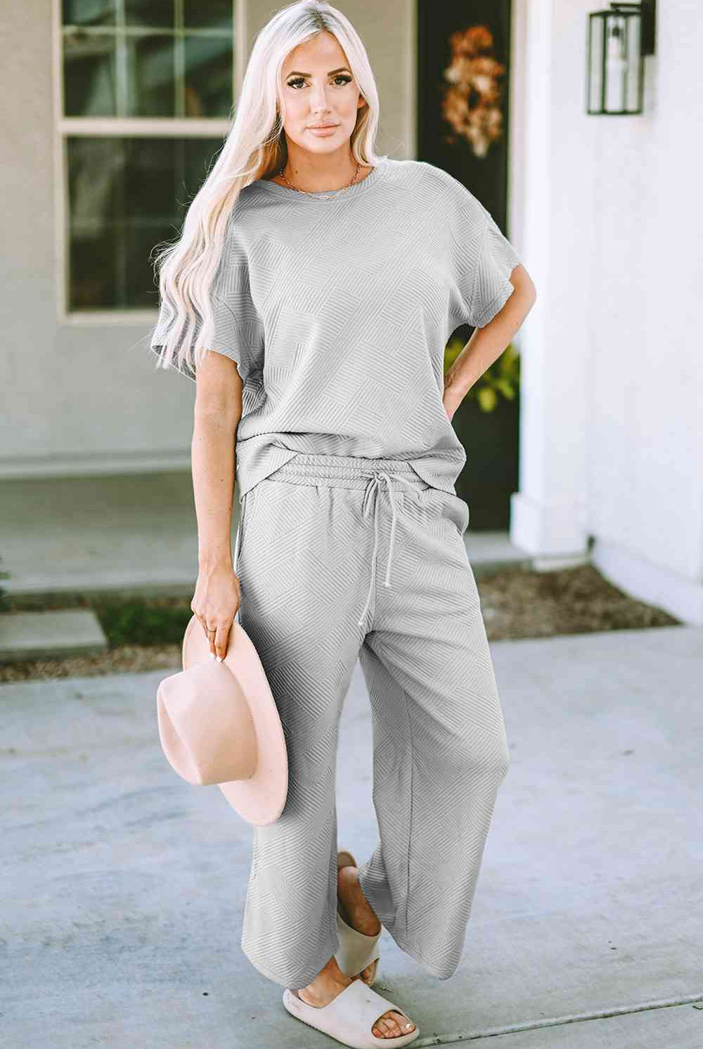 Gray Incredible Textured Short Sleeve Top and Pants Set Loungewear