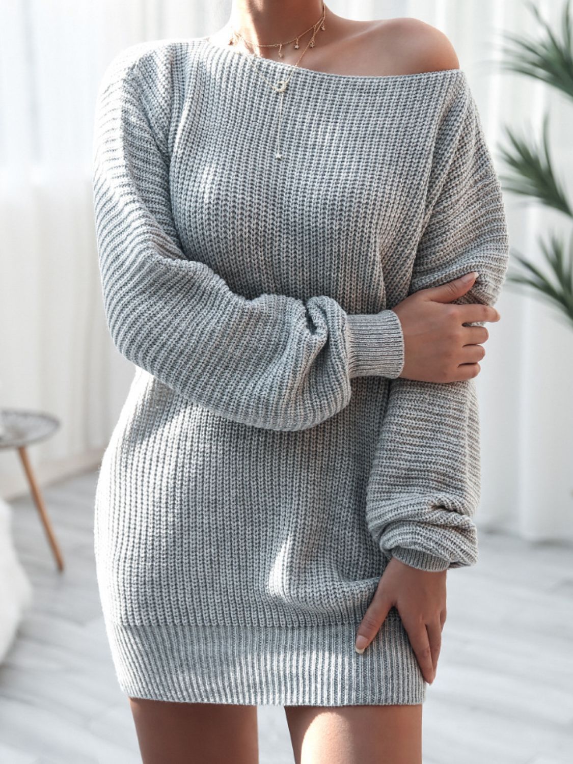 Gray Rib-Knit Balloon Sleeve Boat Neck Sweater Dress Dresses