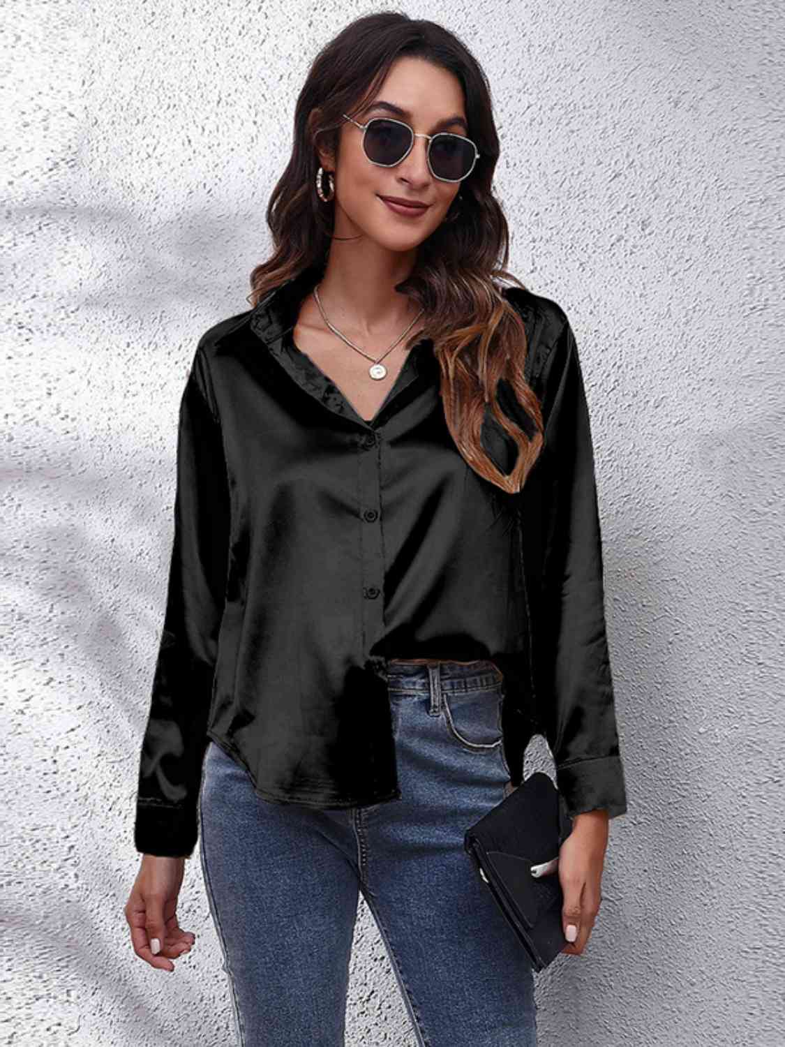 Gray That Girl Collared Neck Buttoned Long Sleeve Satin Shirt Long Sleeve Tops