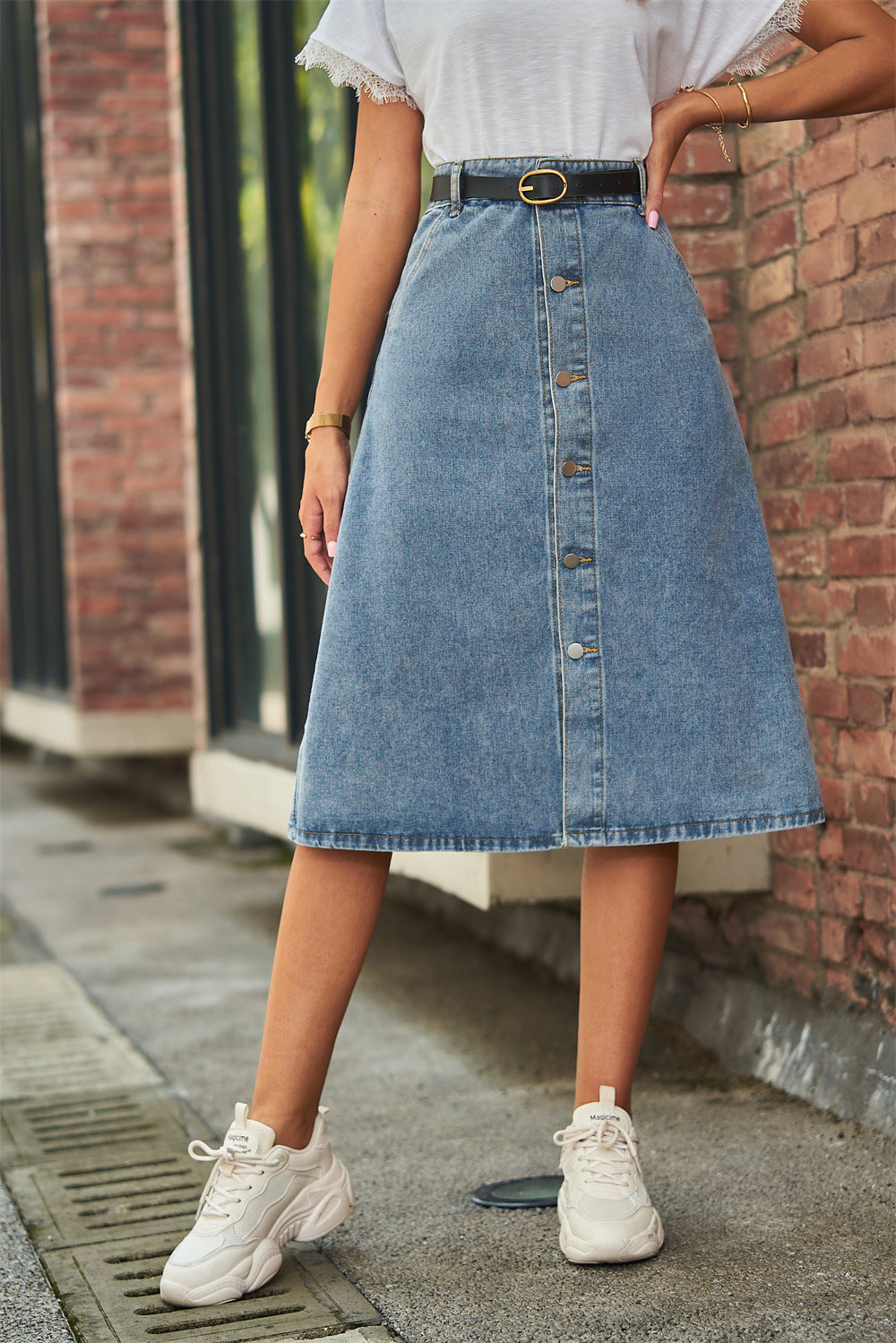 Dim Gray Button Front A-Line Denim Skirt Denim