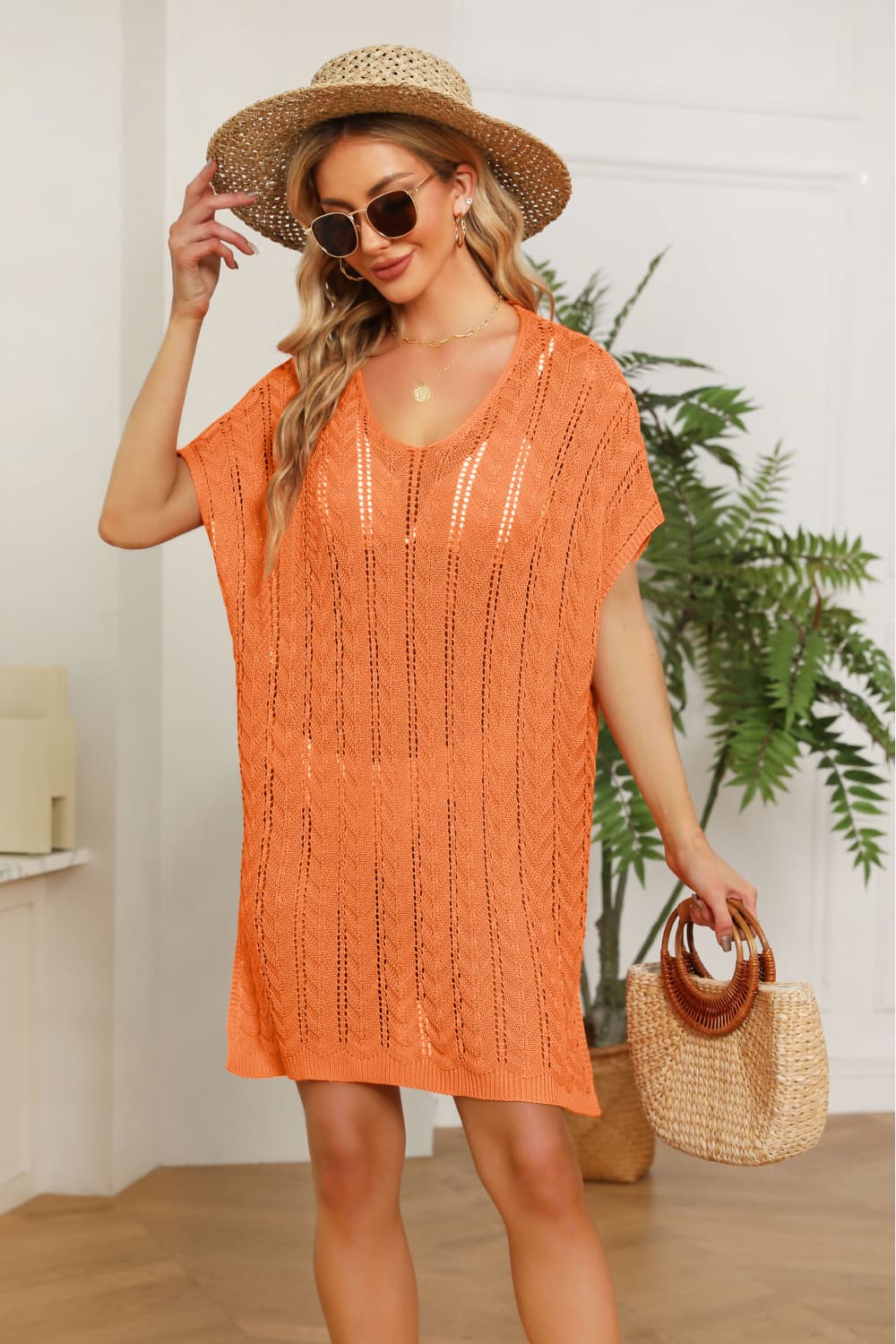 Rosy Brown Openwork Side Slit Knit Dress Clothing