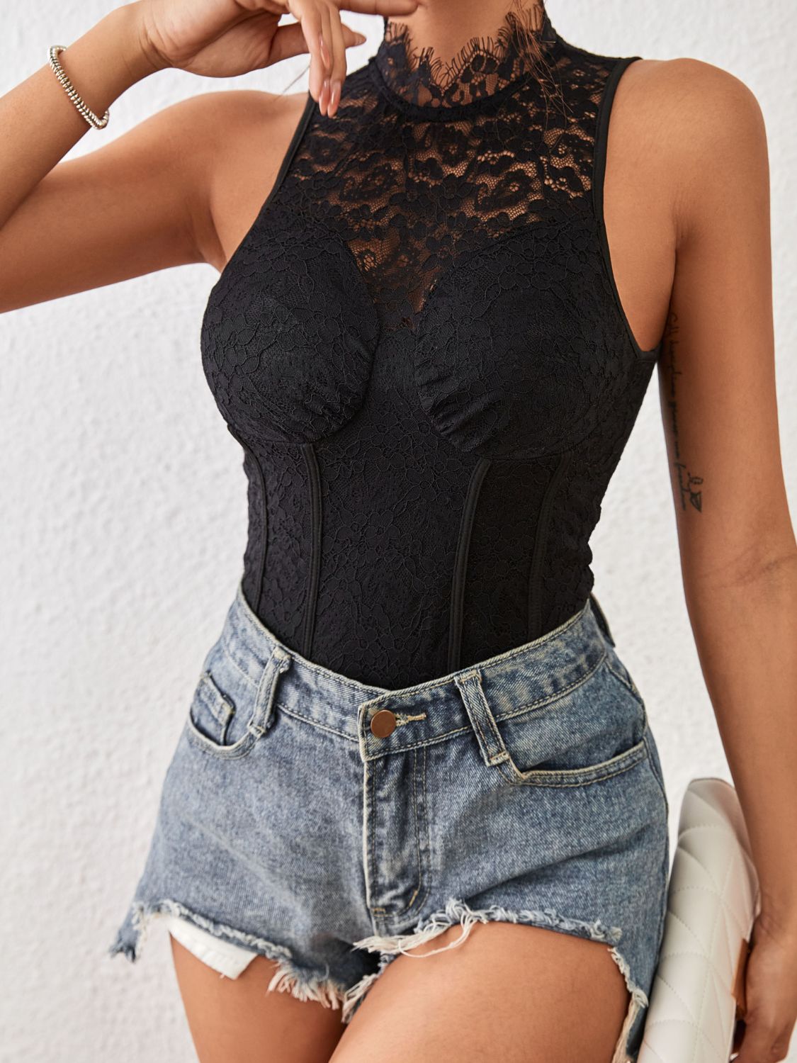 Gray Sunsets Mock Neck Sleeveless Lace Bodysuit Bodysuits