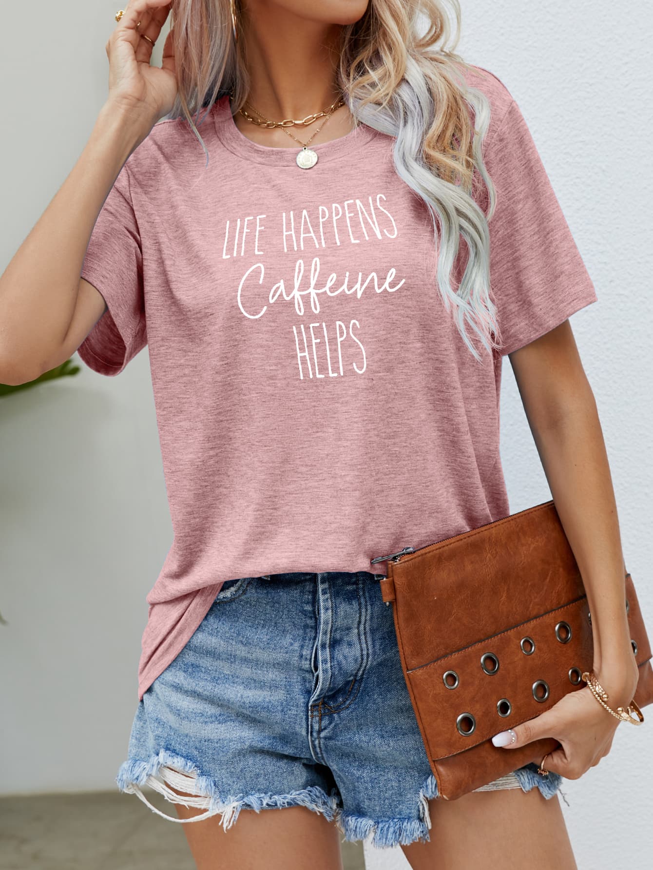 Rosy Brown LIFE HAPPENS CAFFEINE HELPS Graphic Tee Tops
