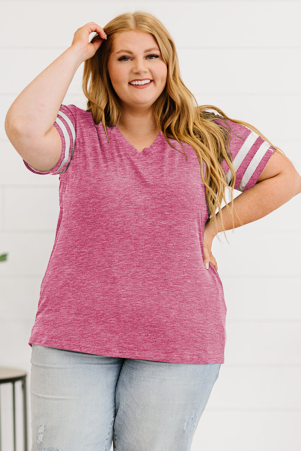 Light Gray Plus Size Striped V-Neck Tee Shirt Plus Size Clothes