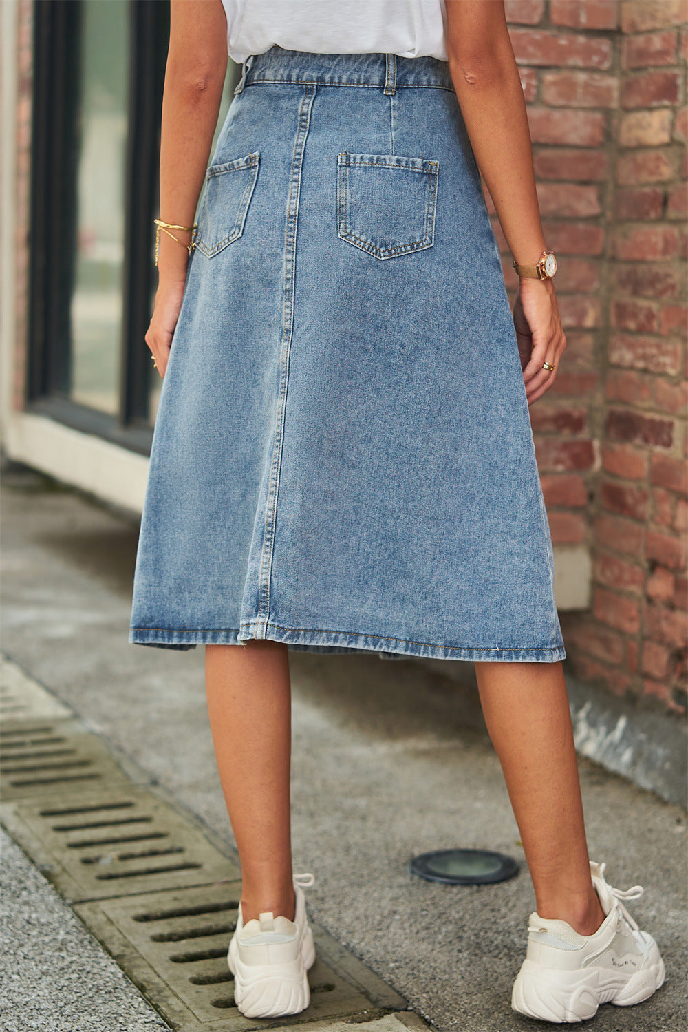 Slate Gray Button Front A-Line Denim Skirt Denim