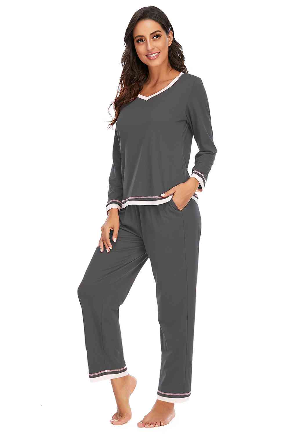 Dark Slate Gray V-Neck Top and Pants Lounge Set Loungewear