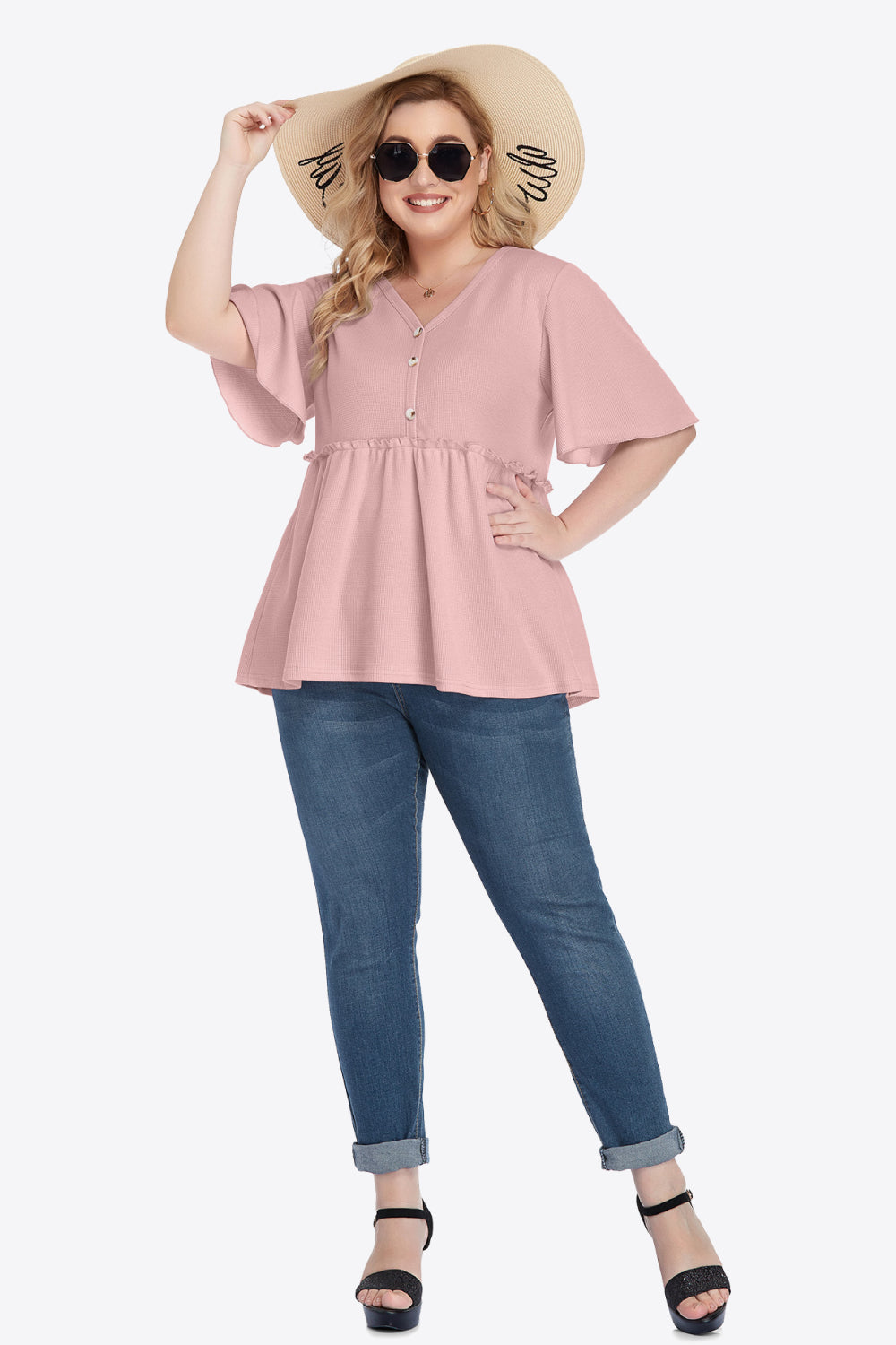 Misty Rose Plus Size Buttoned V-Neck Frill Trim Babydoll Blouse Tops