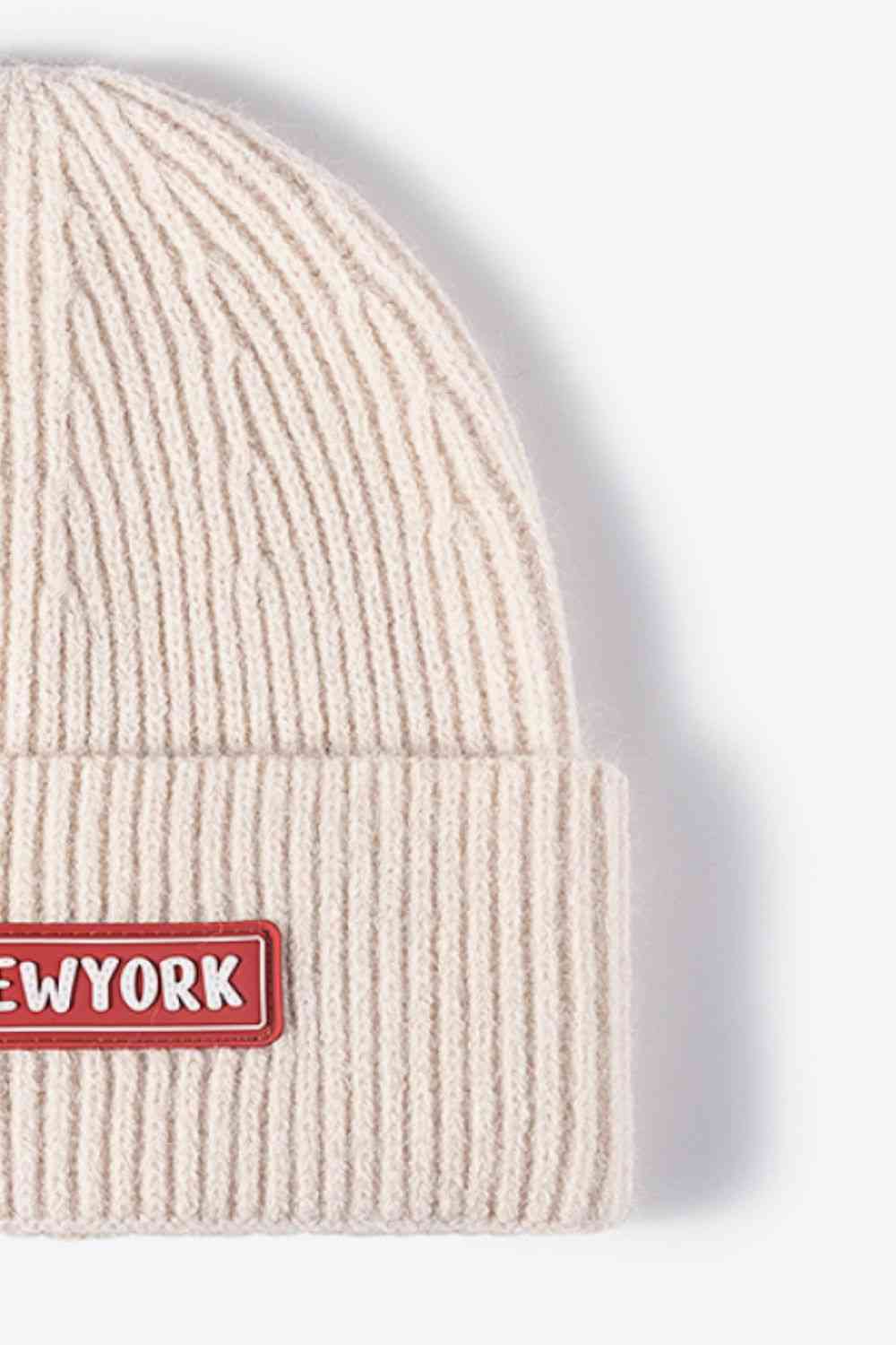 Antique White NEWYORK Patch Rib-Knit Cuffed Beanie Winter Accessories