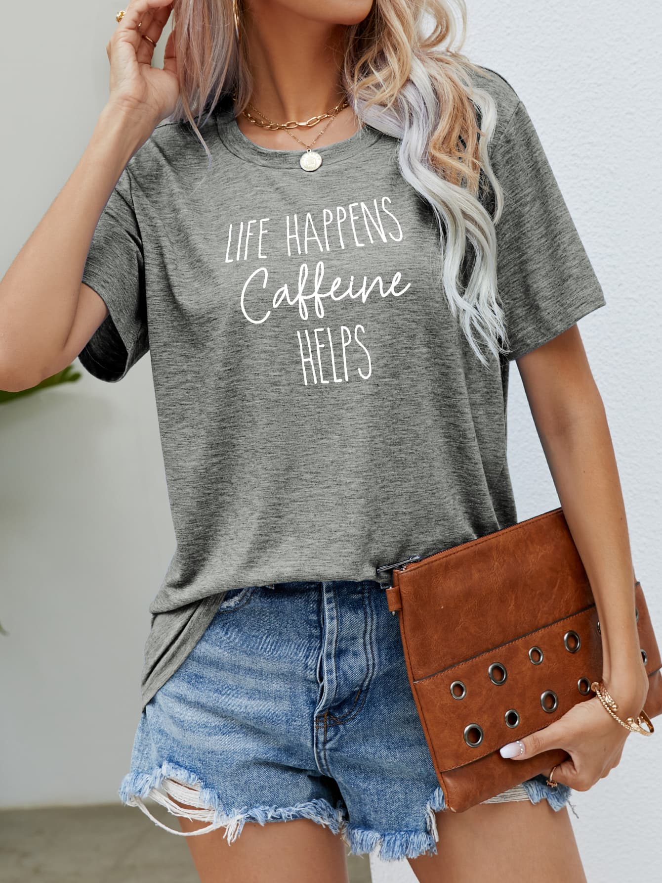 Light Slate Gray LIFE HAPPENS CAFFEINE HELPS Graphic Tee Tops