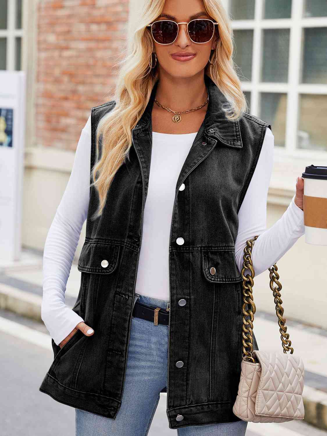 Black Button Up Collared Neck Denim Jacket with Pockets Denim