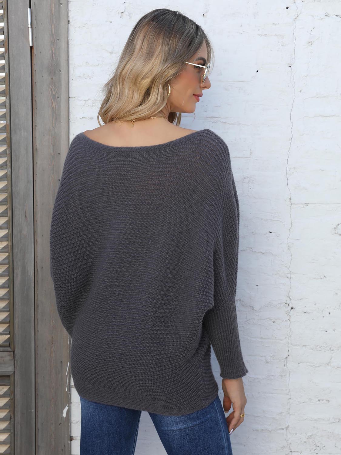 Gray Full Size Horizontal Ribbing Dolman Sleeve Sweater