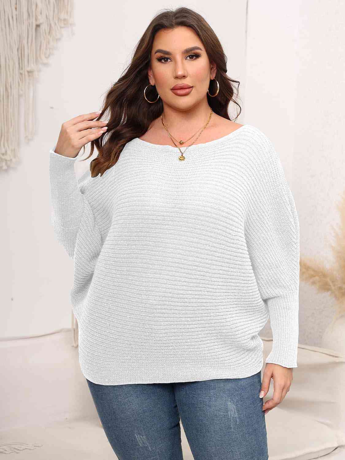 Light Gray Full Size Boat Neck Batwing Sleeve Sweater Plus Size Clothes