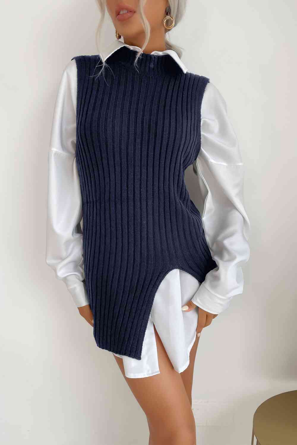 Light Gray Slit Hem Sweater Vest Dress Winter Accessories