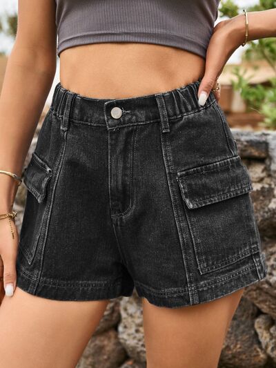 Dark Salmon High Waist Denim Shorts with Pockets Denim