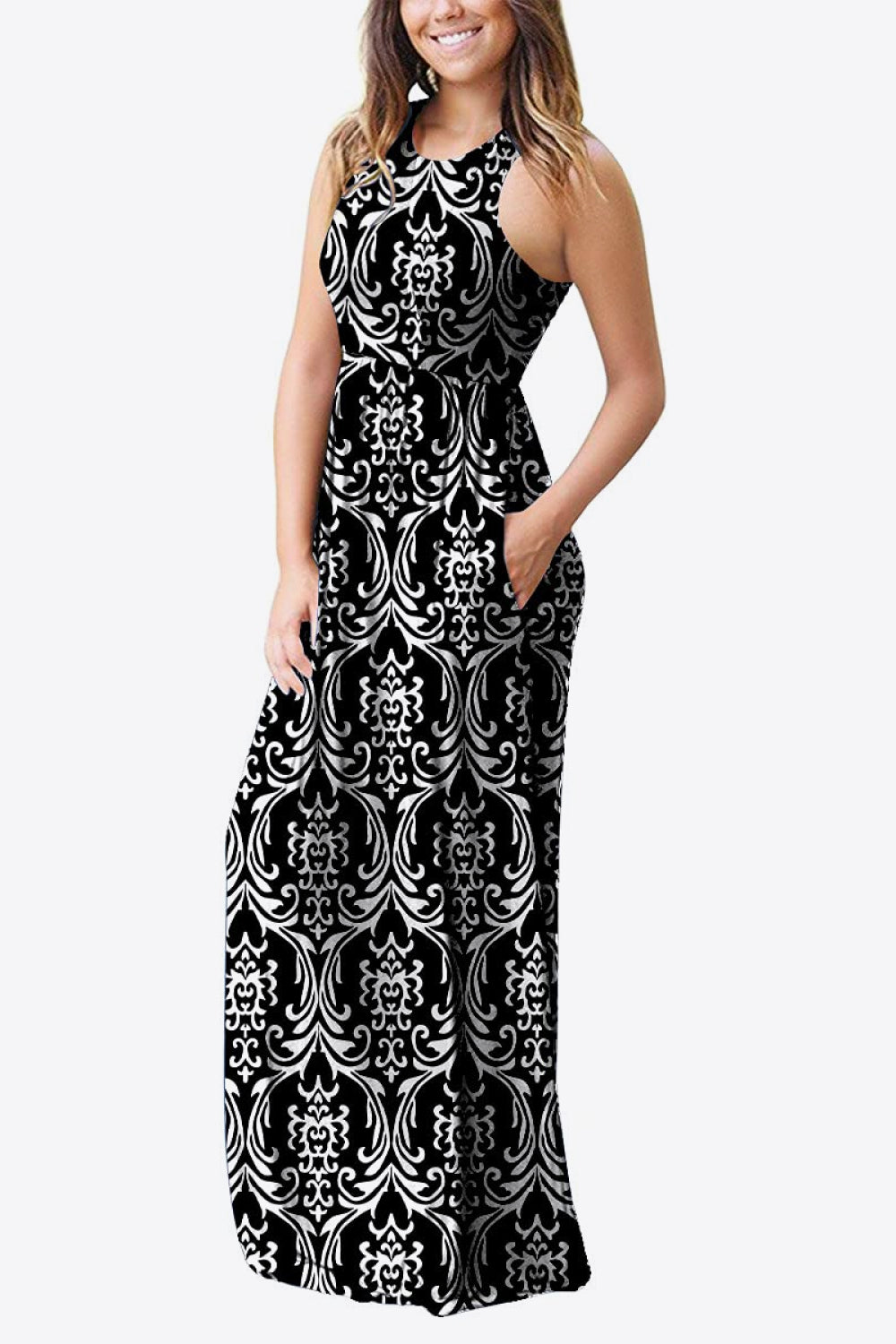 Black Empire Waist Sleeveless Dress with Pockets