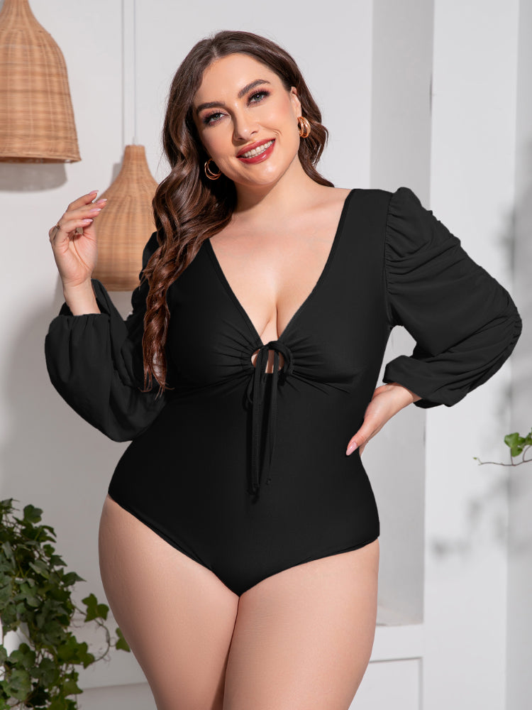 Black Plus Size Tied Deep V Balloon Sleeve One-Piece Swimsuit Plus Size Clothes