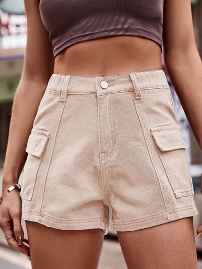 Tan High Waist Denim Shorts with Pockets Denim
