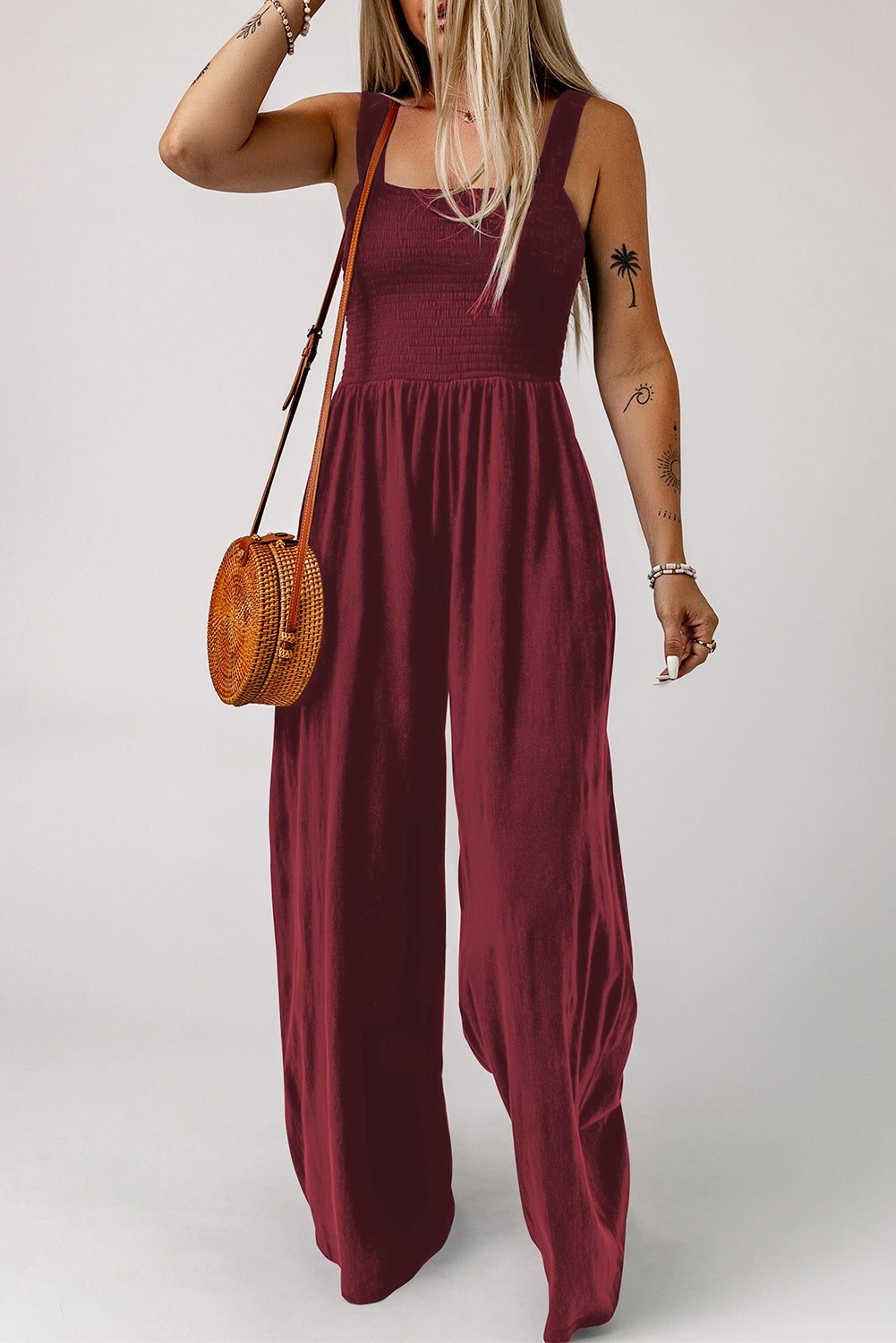 Light Gray Walk Humbly Smocked Square Neck Wide Leg Jumpsuit with Pockets Jumpsuits & Rompers