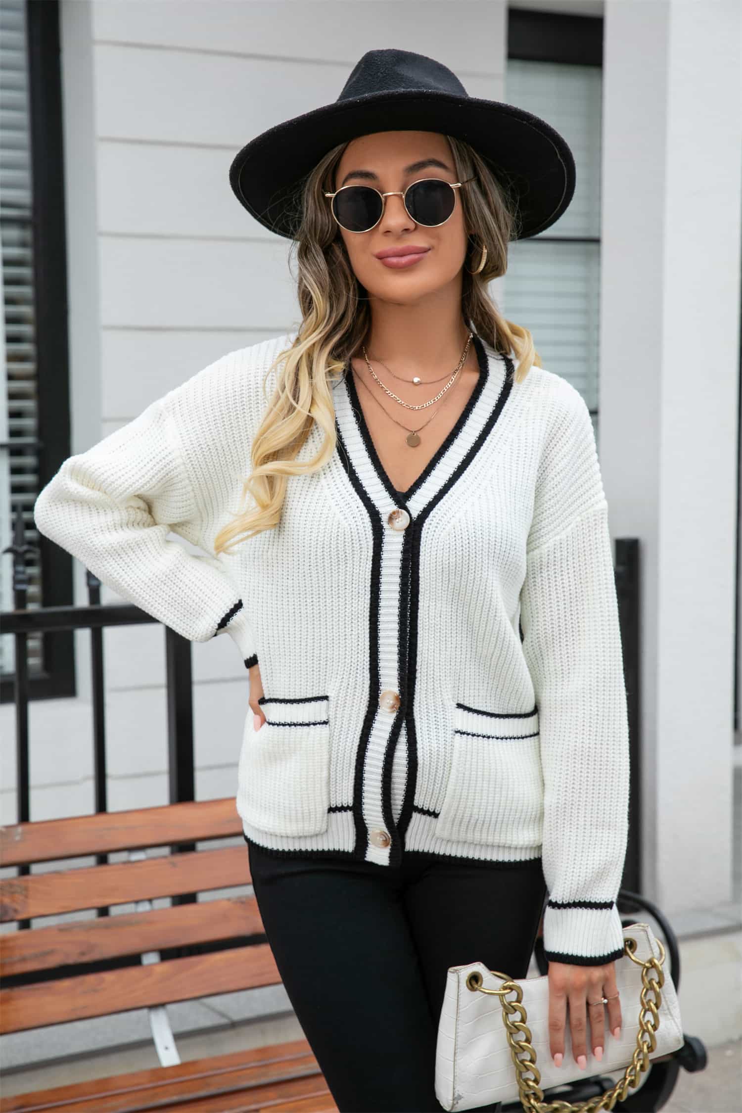 Gray Waffle Knit V-Neck Cardigan with Pocket