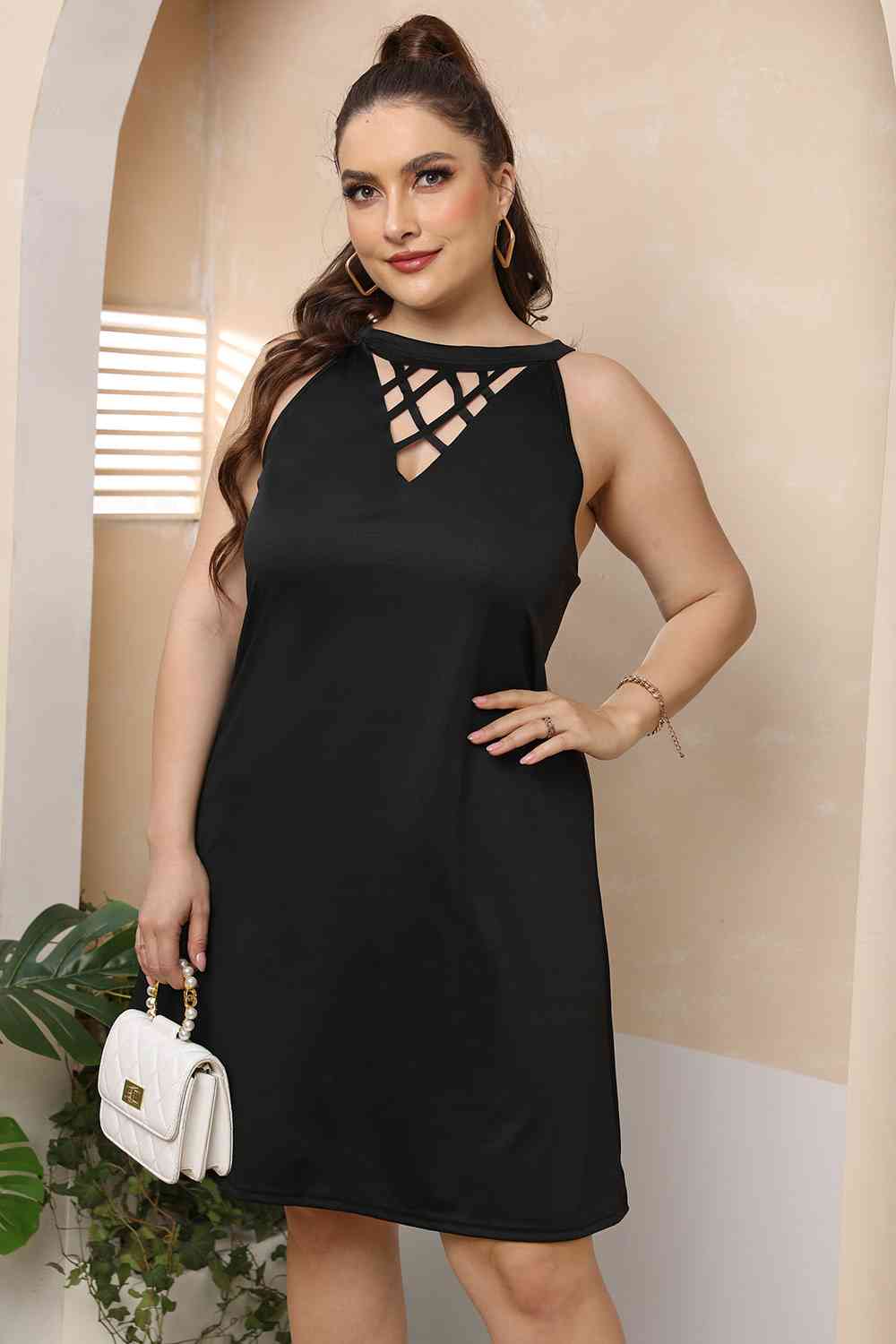 Gray Plus Size Cutout Round Neck Sleeveless Dress Plus Size Clothes