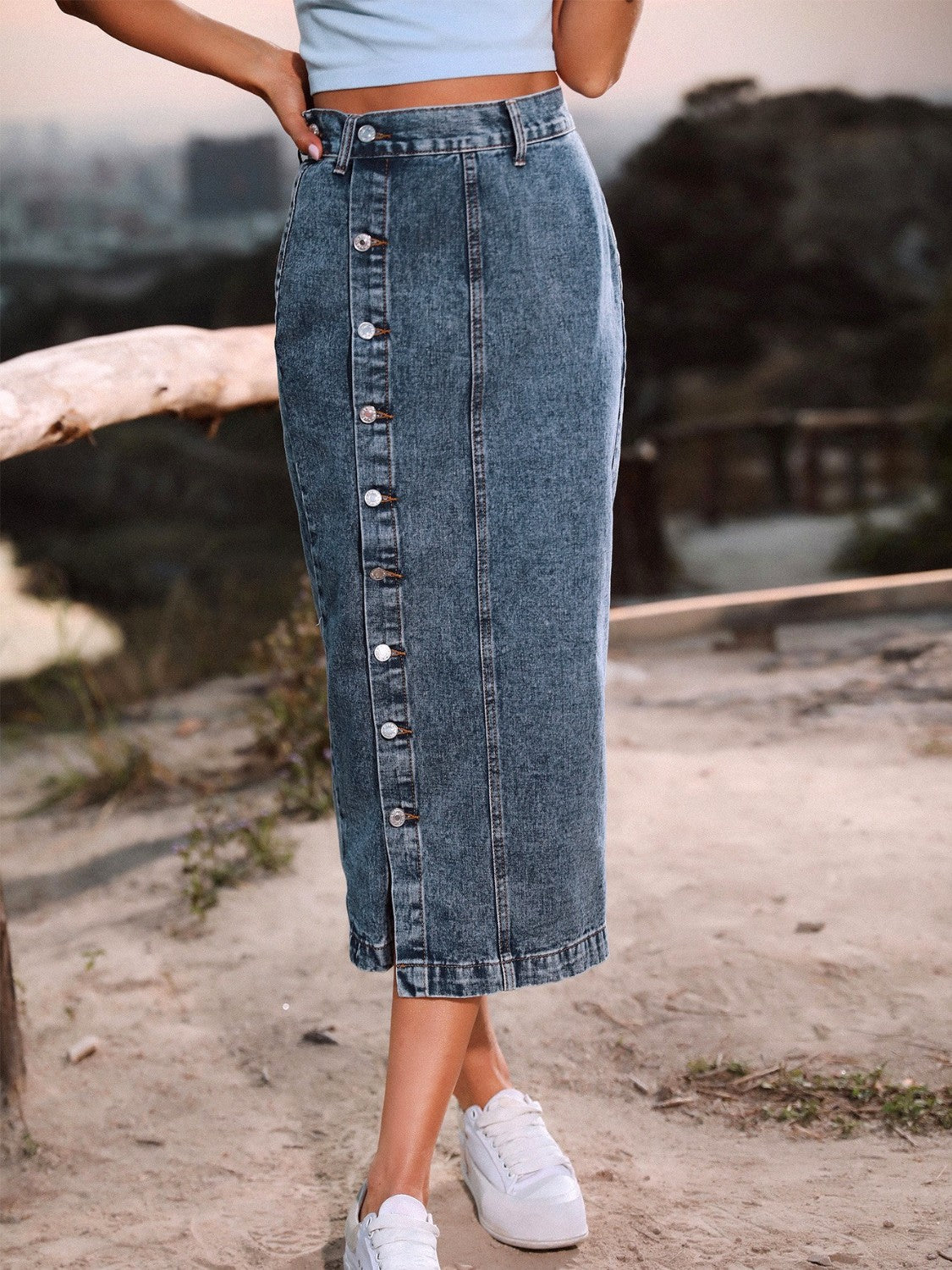 Dark Gray Wifey Button Down Denim Midi Skirt Denim Skirt