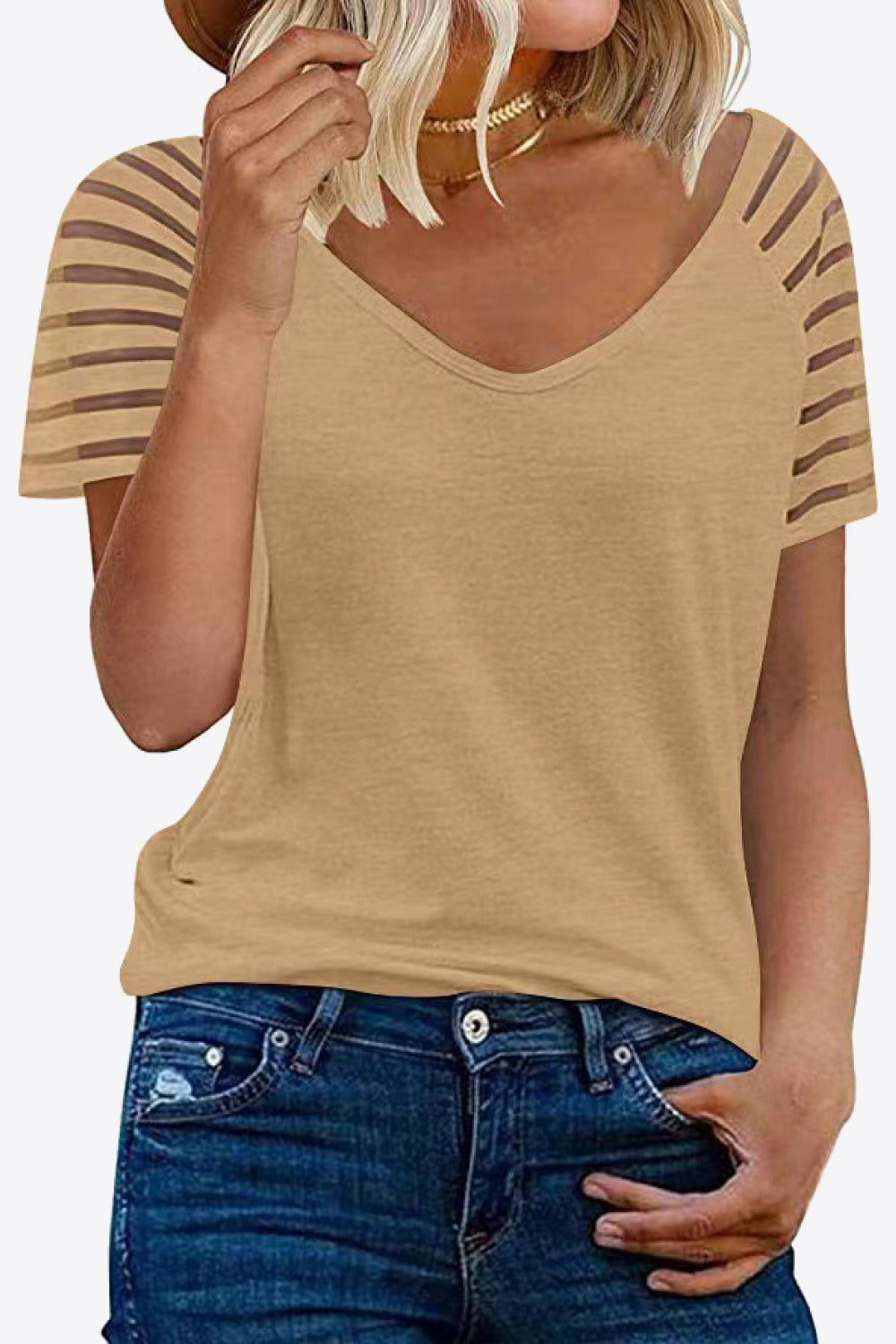 Rosy Brown V-Neck Raglan Sleeve Tee Tops