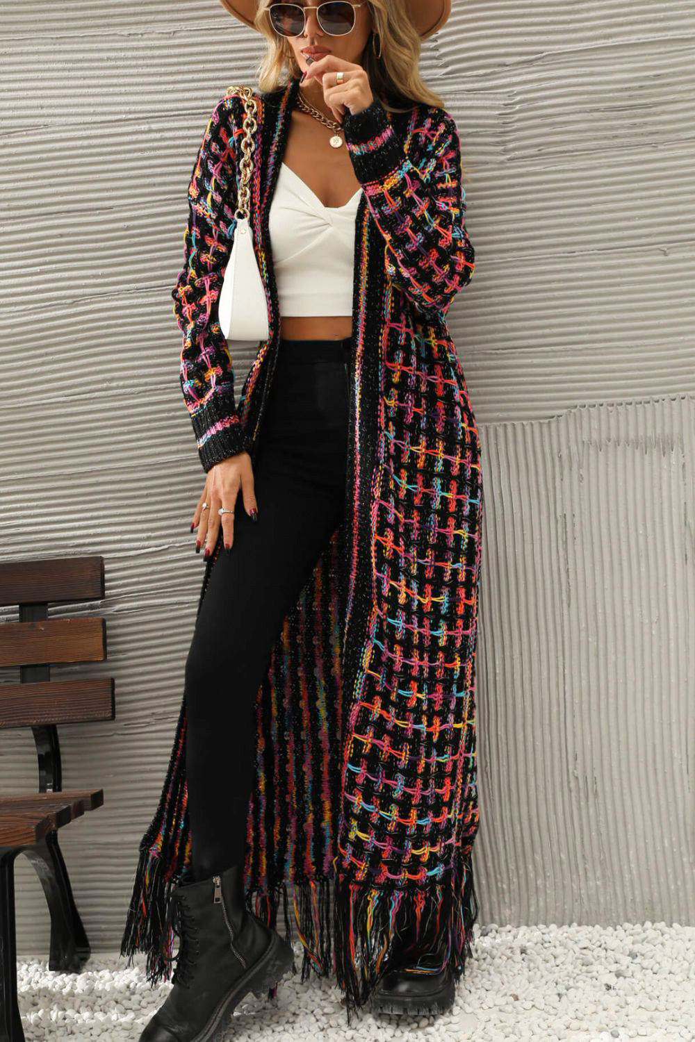 Dark Gray Multicolored Open Front Fringe Hem Cardigan Clothing