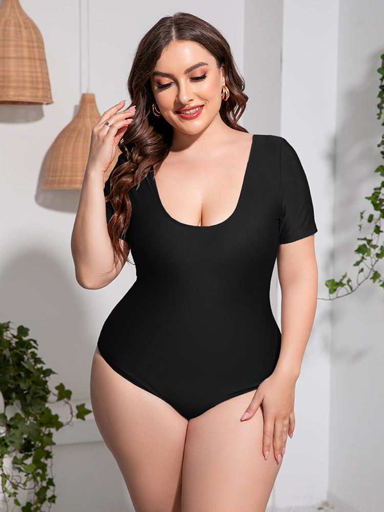 Gray Plus Size Scoop Neck Short Sleeve One-Piece Swimsuit Plus Size Clothes