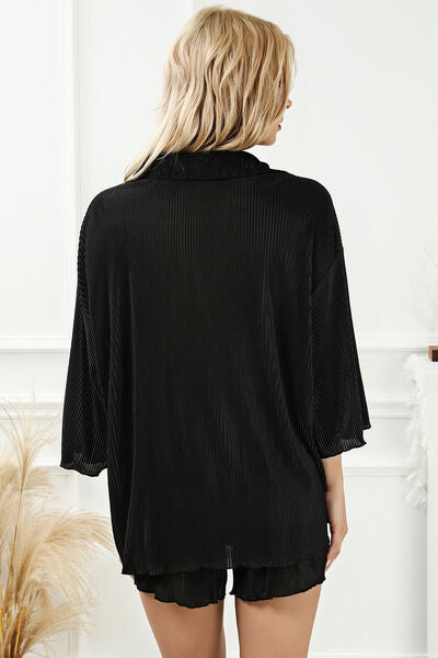 Antique White Pleated Button Up Shirt and Shorts Lounge Set New Year Looks