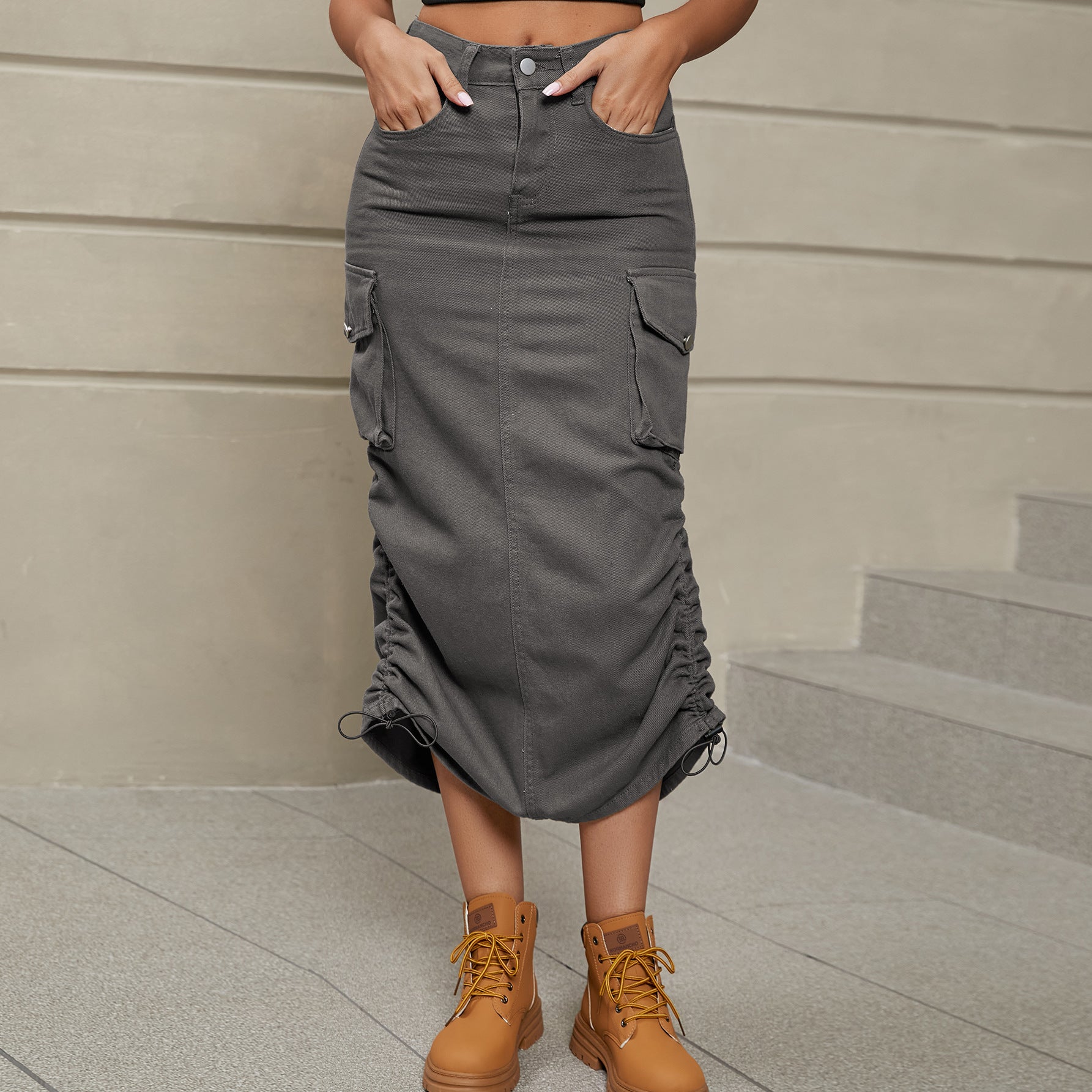 Rosy Brown Drawstring Ruched Slit Denim Midi Skirt Denim