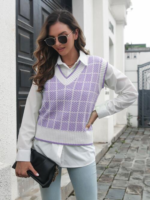 Gray Plaid V-Neck Sweater Vest Winter Accessories