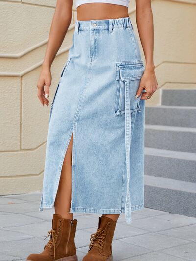 Dark Gray That's Bae Slit Pocketed High Waist Denim Skirt Denim Skirt