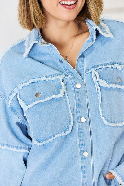Light Steel Blue PEACE Raw Hem Dropped Shoulder Denim Top Denim