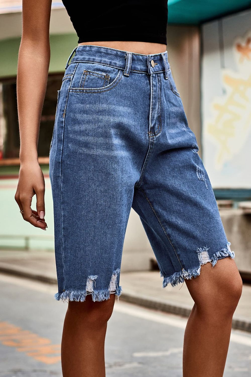 Dark Slate Gray Raw Hem High Waist Denim Shorts with Pockets Denim