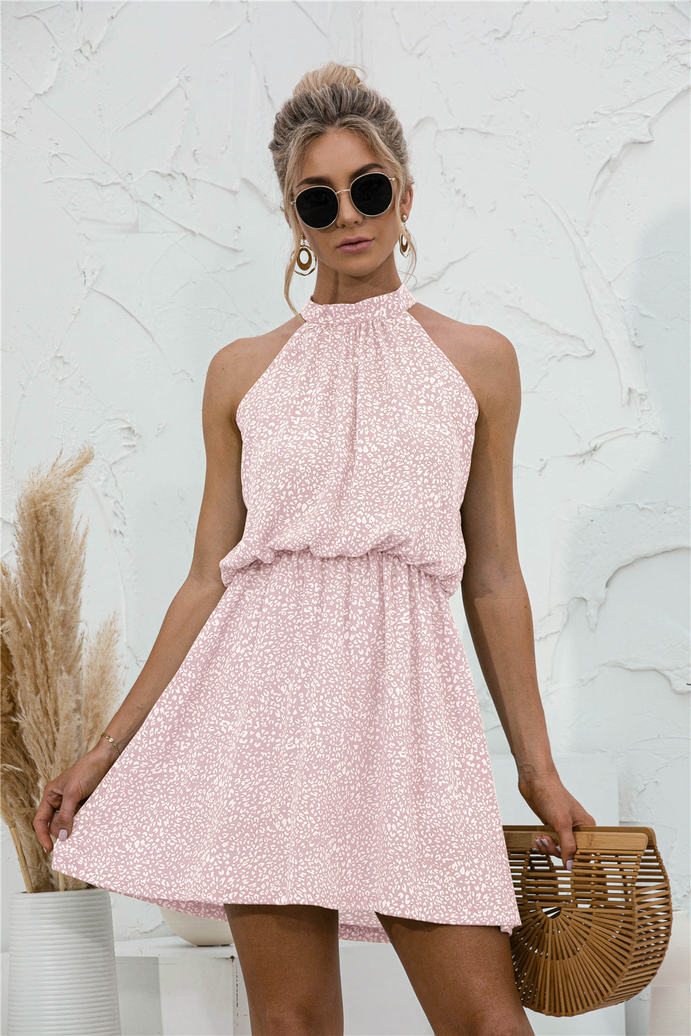 Light Gray Floral Tied Sleeveless Mini Dress Clothing