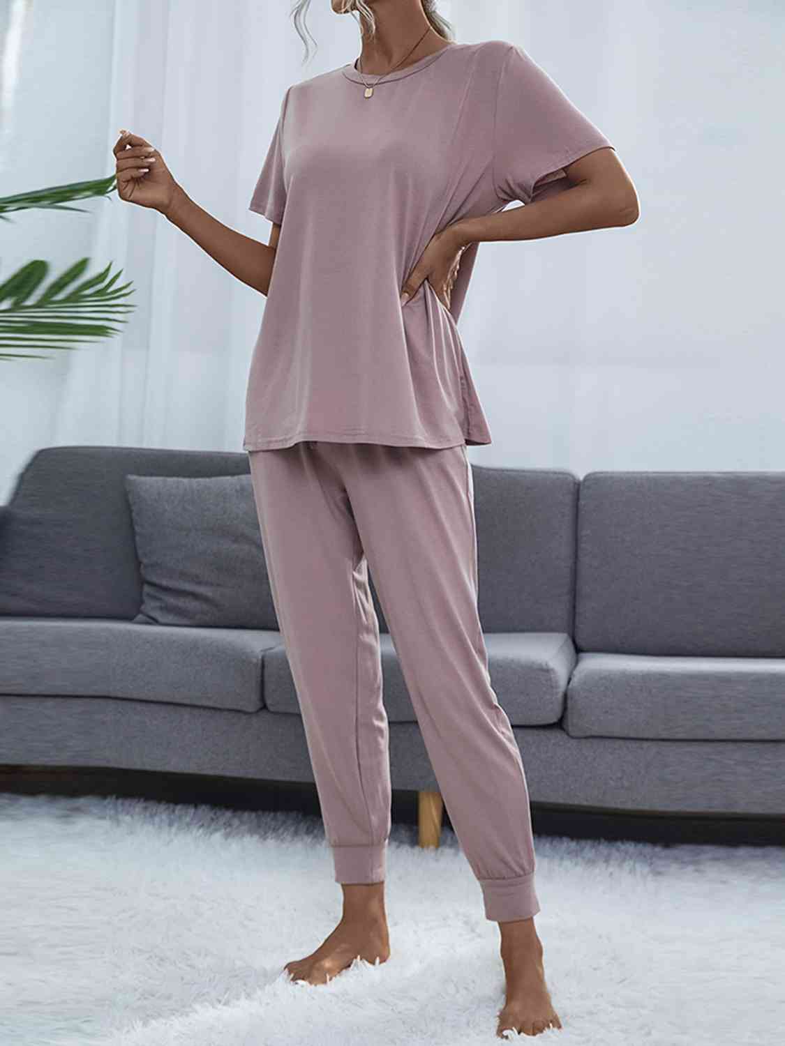 Gray Round Neck Short Sleeve Top and Pants Set Loungewear