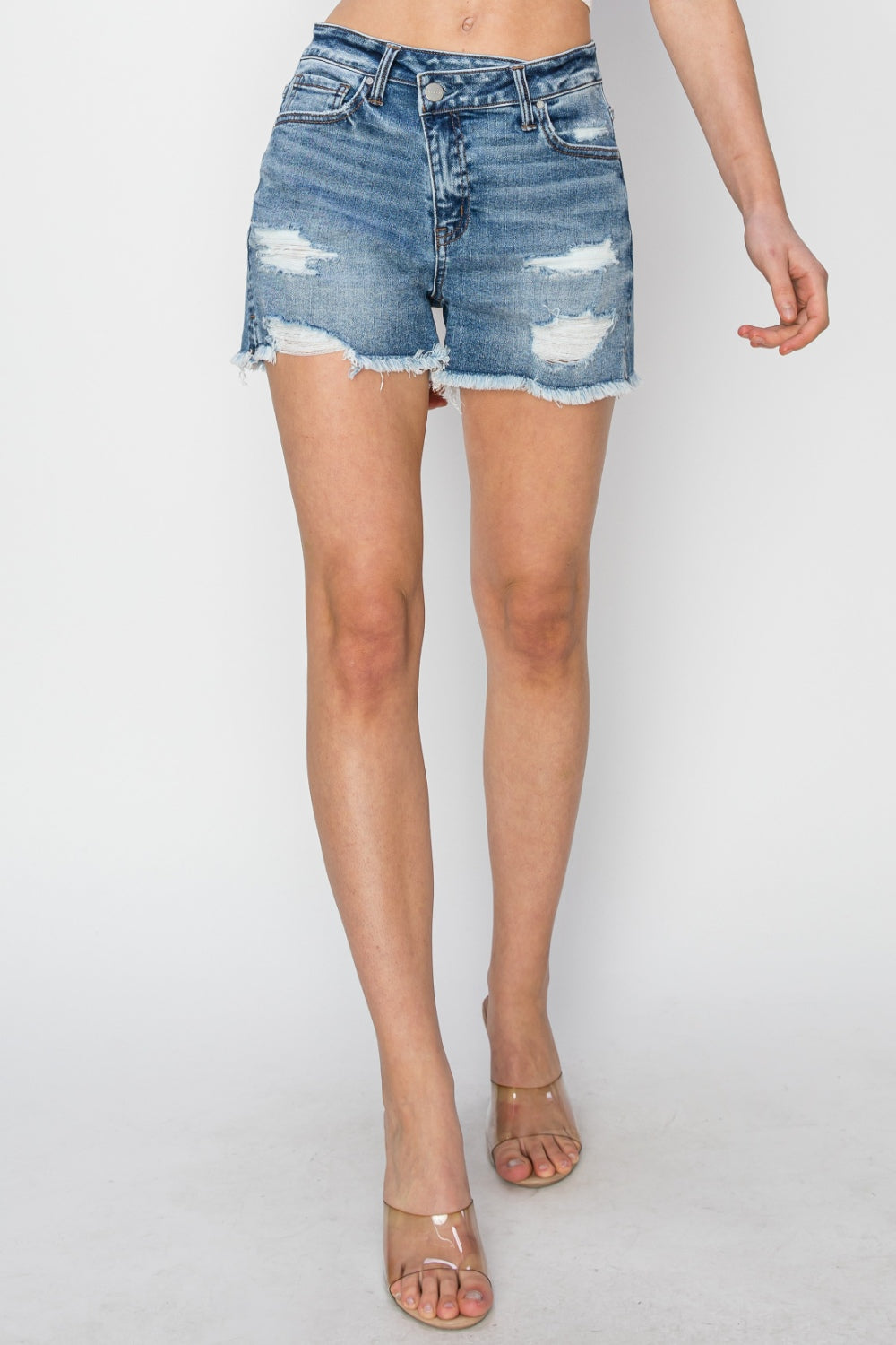 Light Gray RISEN Stepped Waist Frayed Denim Shorts