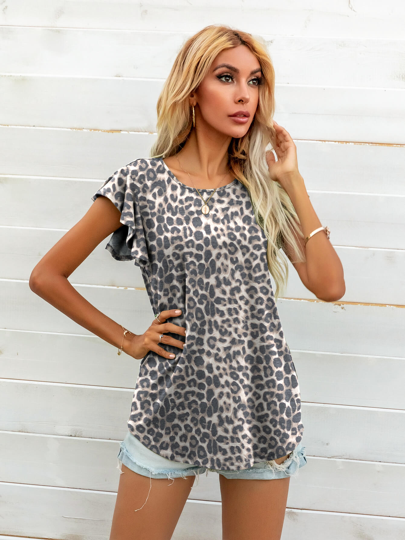 Light Gray Round Neck Butterfly Sleeve Top Tops