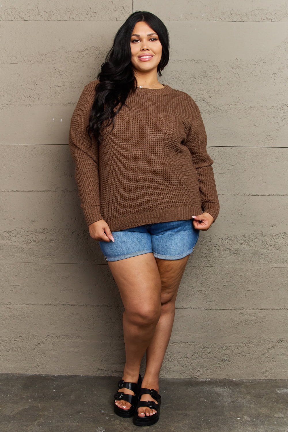 Dim Gray Zenana Breezy Days Plus Size High Low Waffle Knit Sweater Clothing