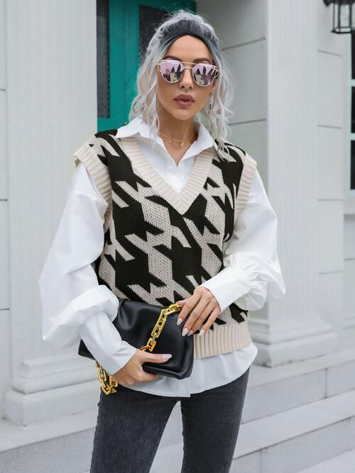 Gray Houndstooth V-Neck Sweater Vest Winter Accessories